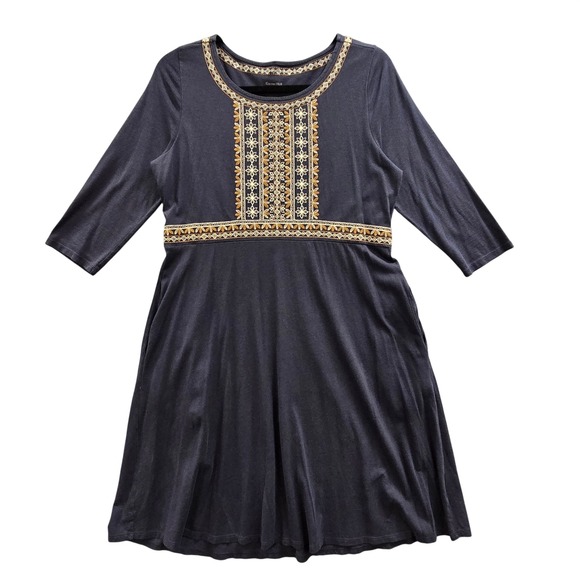 Garnet Hill Dresses & Skirts - Garnet Hill Embroidered Boho Organic Cotton Fit &‎ Flare Dress Women S Navy Blue